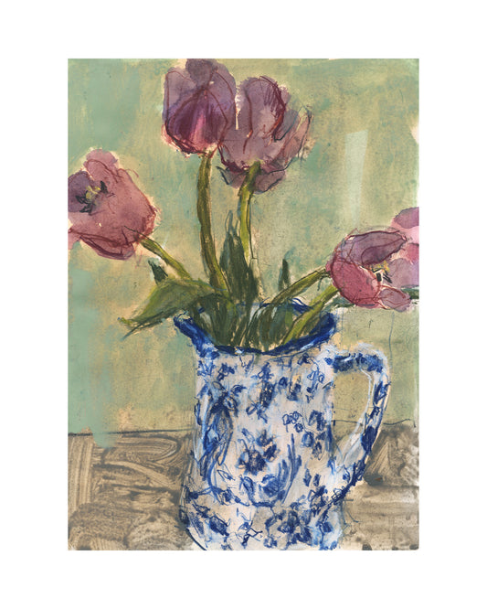 Tulips in patterned jug